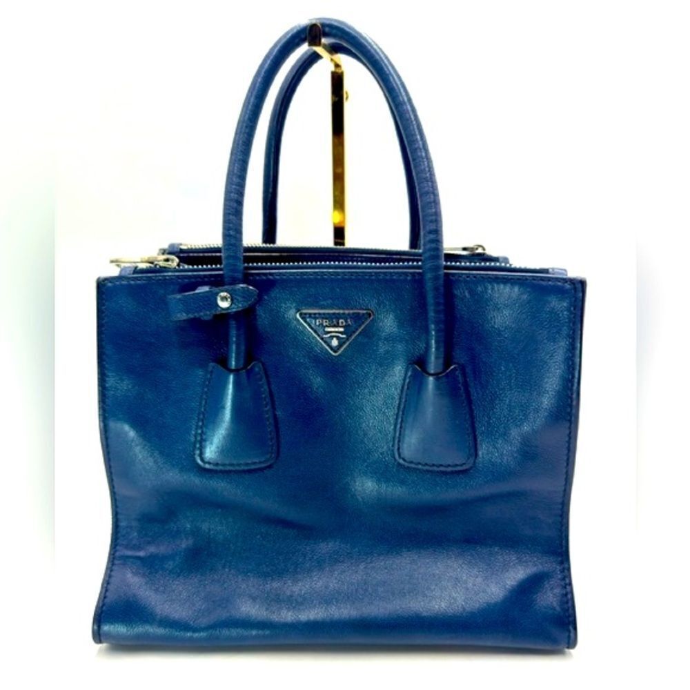 Prada Glace Baltico Blue Vitello Daino Leather Twin City Pocket Medium Tote Bag